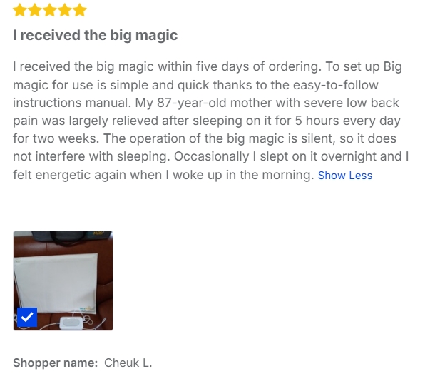 User testimonial by Cheuk L about the effectiveness of Big Magic for easing severe low back pain and improving energy levels